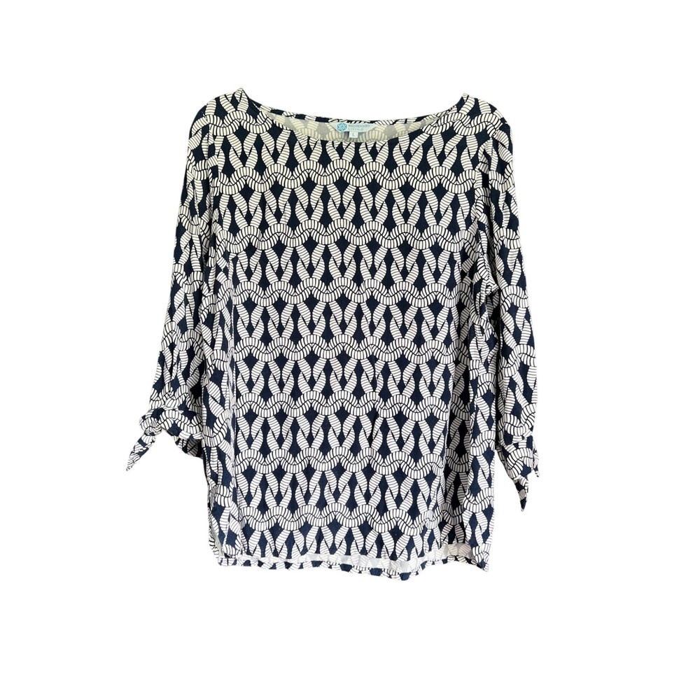 Escapada Living Navy White Geometric Rope Print Boatneck Tie Sleeve Blouse L